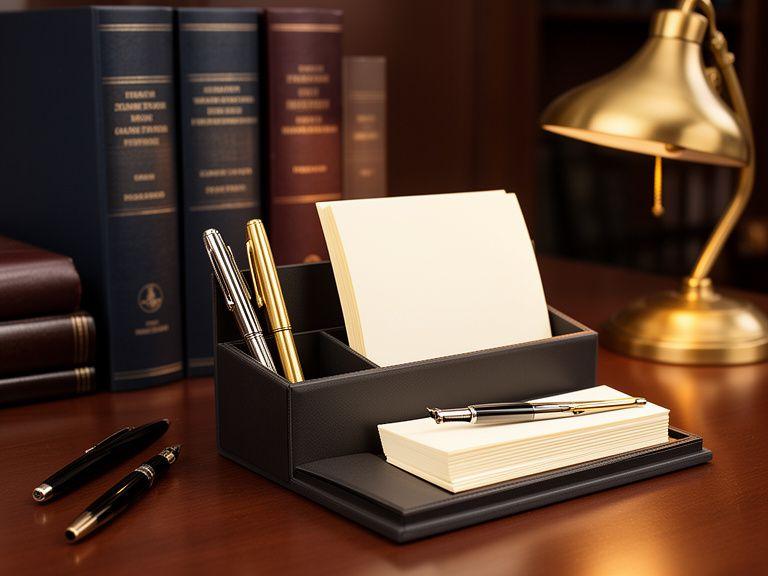 Custom desk organizer on a legal office desk beside case files, fountain pens and a brass lamp