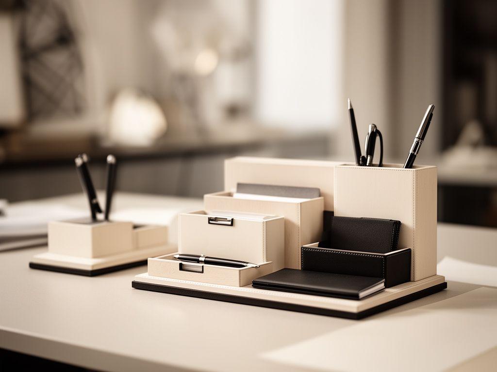 Elegante Desk-Organizer aus hochwertigen Materialien auf einem hellen Arbeitstisch in einem Zürcher Designstudio