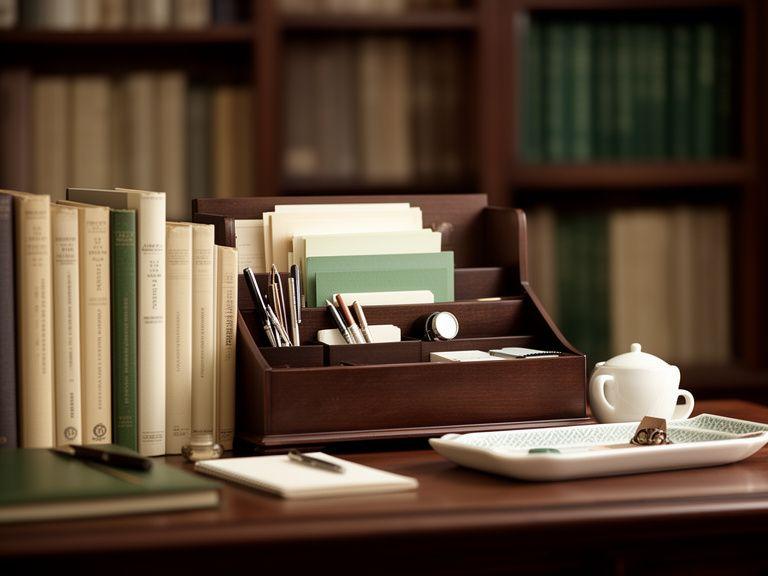 Elegant home study organizer beside books, stationery and a ceramic tray in a quiet private study