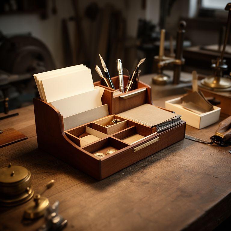 Massgefertigte desk organizer in a Zurich atelier with calligraphy tools, warm wood surfaces and neatly arranged paper trays