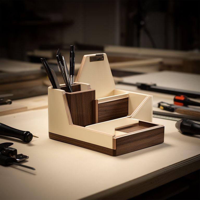 Produktionsnahes Porträt eines eleganten Desk Organisers auf einem hellen Werkbanktisch mit feinen Kanten und Messwerkzeugen