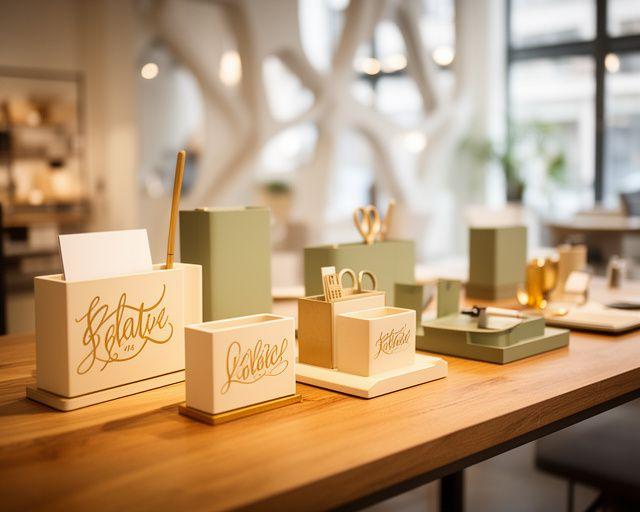 Heller Showroom mit kalligraphie-inspirierten Desk Organizers auf einem warmen Holztisch in Zürich